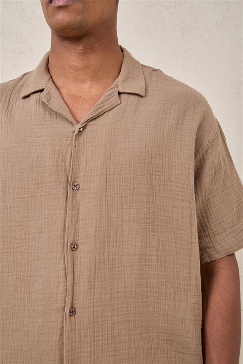 Wholesale Mens Beige Muslin Resort Collar Shirt