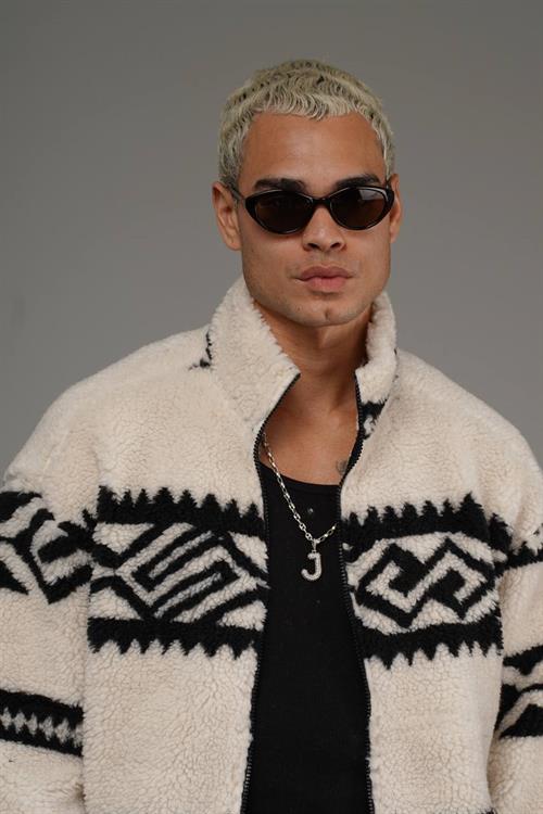 Wholesale Mens Beige Oversized Plush Zip-Up Jacket