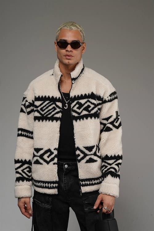 Wholesale Mens Beige Oversized Plush Zip-Up Jacket