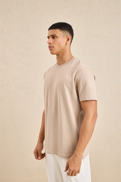 Wholesale Mens Beige Regular Fit Basic Crew-Neck T-Shirt