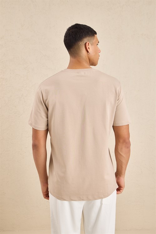 Wholesale Mens Beige Regular Fit Basic Crew-Neck T-Shirt