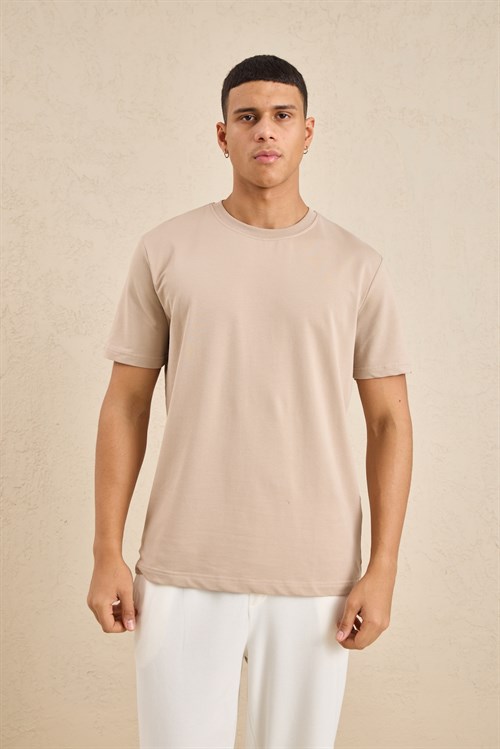 Wholesale Mens Beige Regular Fit Basic Crew-Neck T-Shirt