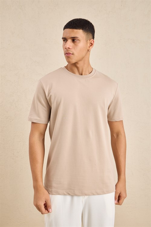 Wholesale Mens Beige Regular Fit Basic Crew-Neck T-Shirt