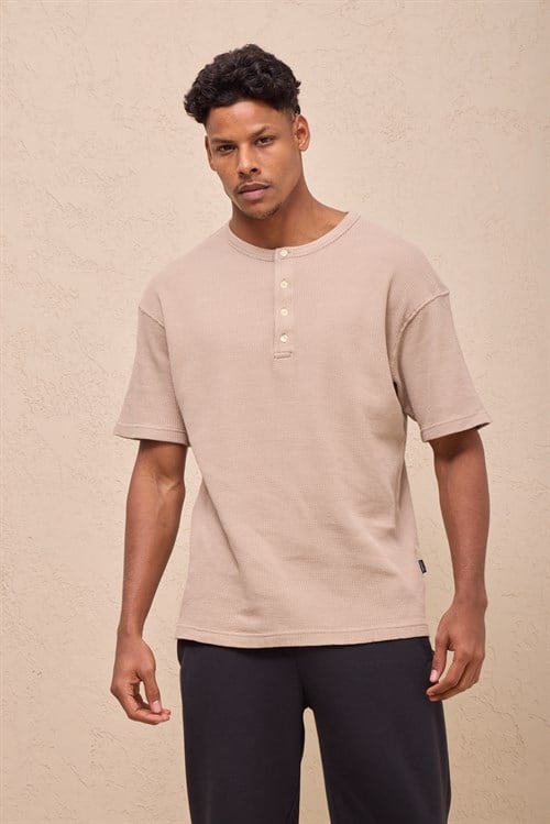 Wholesale Mens Beige Regular Fit Waffle Knit Henley T-Shirt