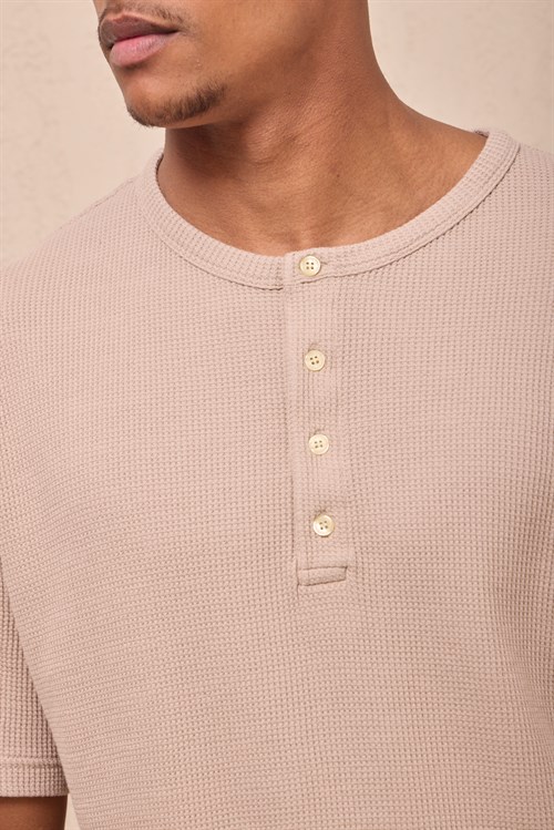 Wholesale Mens Beige Regular Fit Waffle Knit Henley T-Shirt