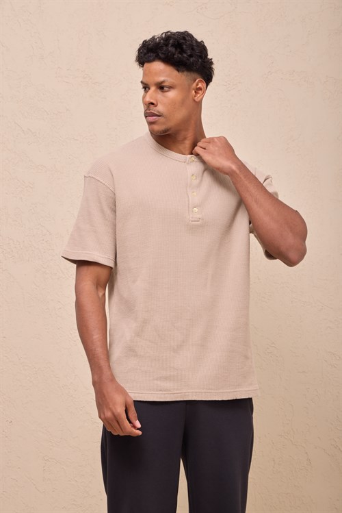 Wholesale Mens Beige Regular Fit Waffle Knit Henley T-Shirt