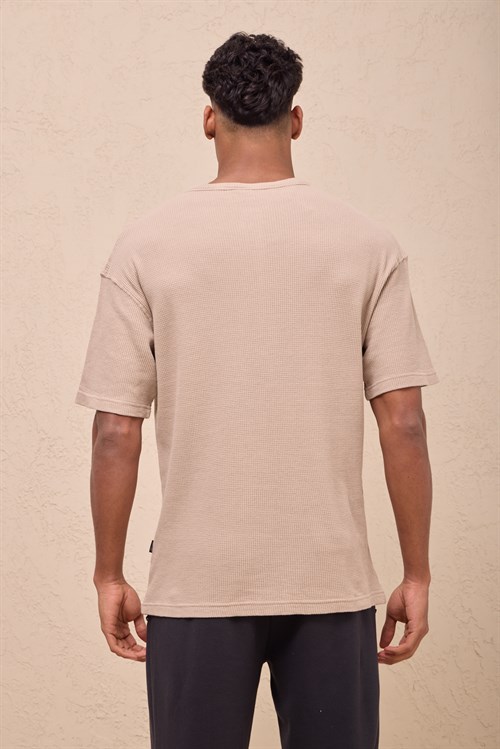 Wholesale Mens Beige Regular Fit Waffle Knit Henley T-Shirt