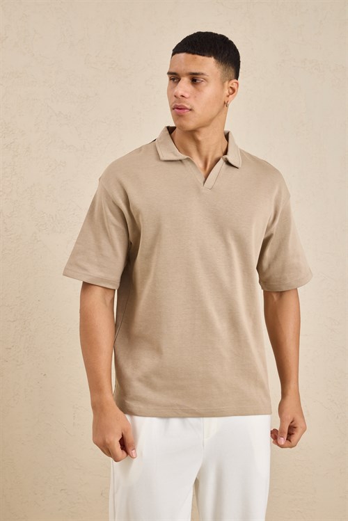 Wholesale Mens Beige Relax Fit Interlock Polo Shirt