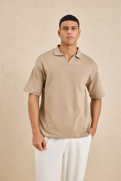 Wholesale Mens Beige Relax Fit Interlock Polo Shirt