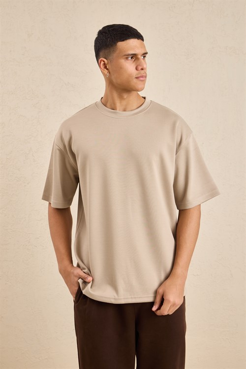 Wholesale Mens Beige Relax Fit Interlock Crew-Neck T-Shirt