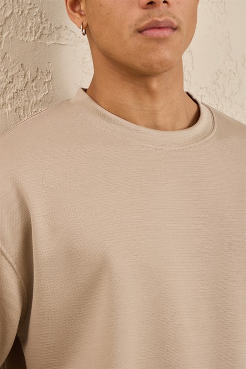 Wholesale Mens Beige Relax Fit Interlock Crew-Neck T-Shirt