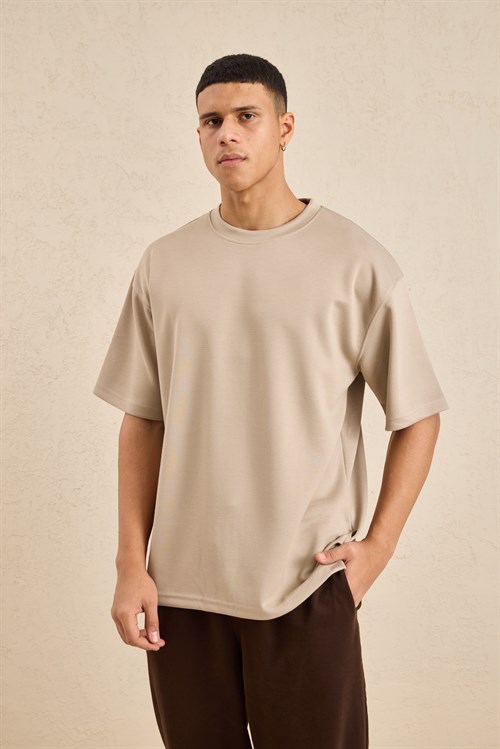 Wholesale Mens Beige Relax Fit Interlock Crew-Neck T-Shirt