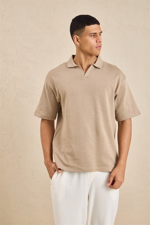 Wholesale Mens Beige Relax Fit Interlock Polo Shirt