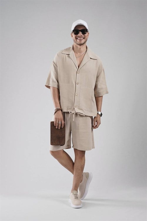 Wholesale Mens Beige Shirt and Shorts Set