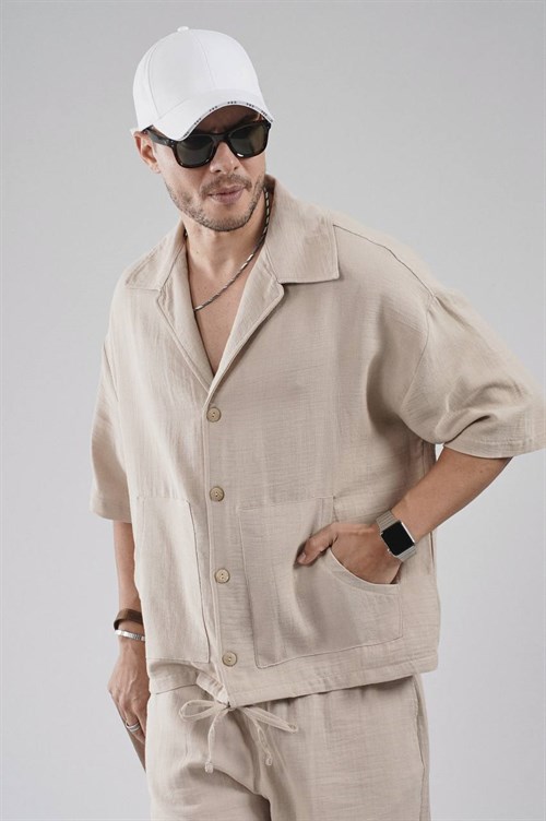 Wholesale Mens Beige Shirt and Shorts Set