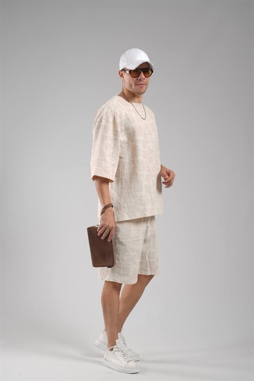 Wholesale Mens Beige T-Shirt and Shorts Set