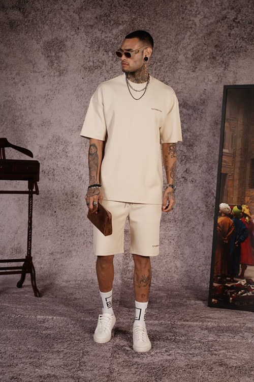 Wholesale Mens Beige T-Shirt and Shorts Set
