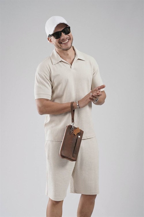 Wholesale Mens Beige T-Shirt and Shorts Set
