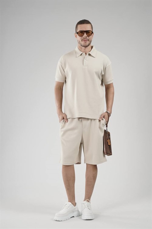 Wholesale Mens Beige T-Shirt and Shorts Set