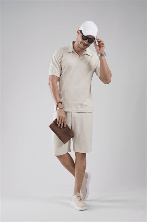 Wholesale Mens Beige T-Shirt and Shorts Set