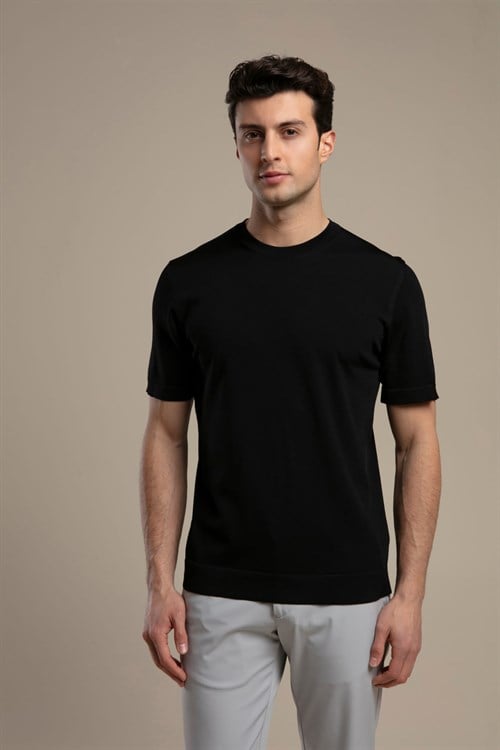 Wholesale Mens Black Knit Crew-Neck T-Shirt