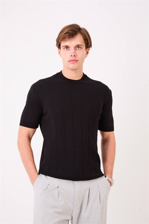 Wholesale Mens Black Knit Crew-Neck T-Shirt