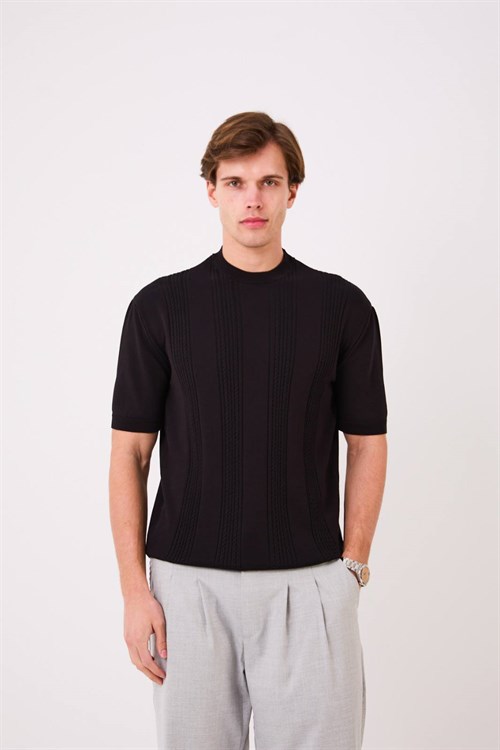 Wholesale Mens Black Knit Crew-Neck T-Shirt