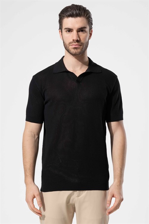 Wholesale Mens Black Knit Polo Shirt