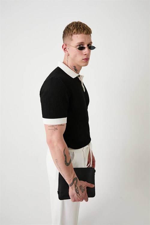 Wholesale Mens Black Knit Polo Shirt