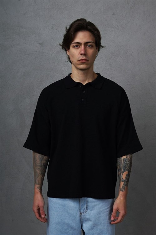 Wholesale Mens Black Knit Polo T-Shirt