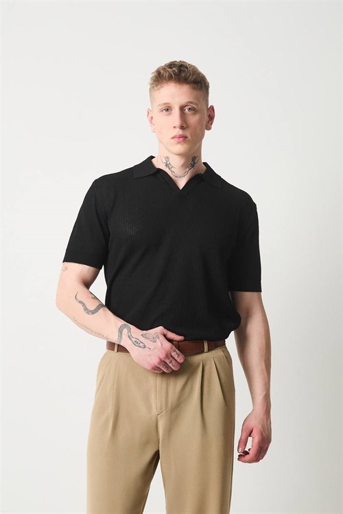 Wholesale Mens Black Knit Polo T-Shirt