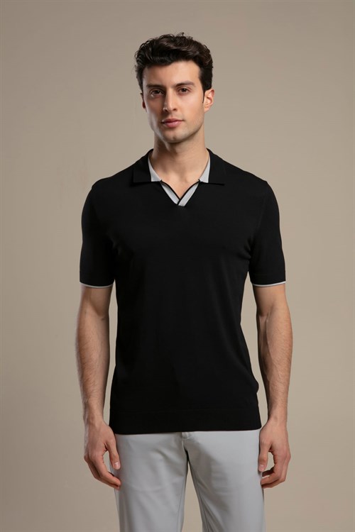 Wholesale Mens Black Knit Polo T-Shirt