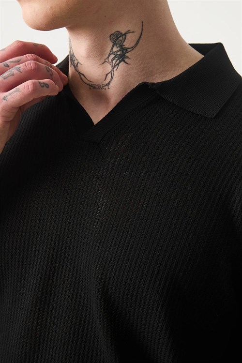 Wholesale Mens Black Knit Polo T-Shirt