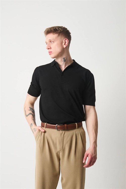 Wholesale Mens Black Knit Polo T-Shirt