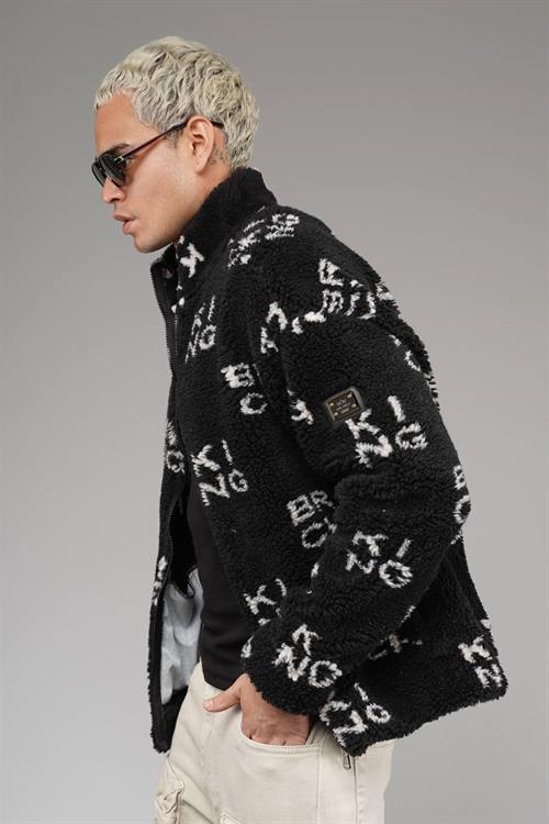 Wholesale Mens Black Oversized Plush Zip-Up Jacket