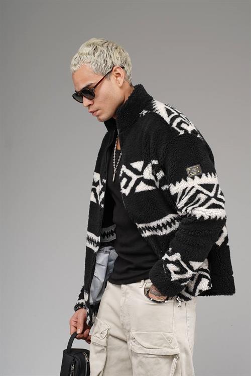 Wholesale Mens Black Oversized Plush Zip-Up Jacket