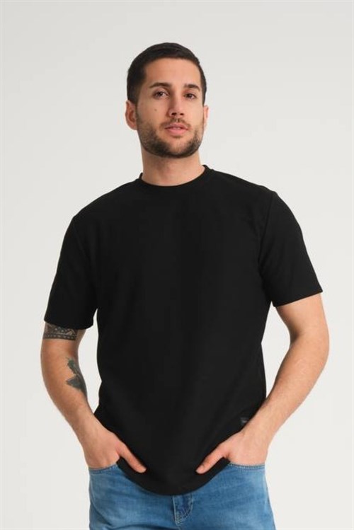 Wholesale Mens Black Regular Fit Double-Knit Crew-Neck T-Shirt