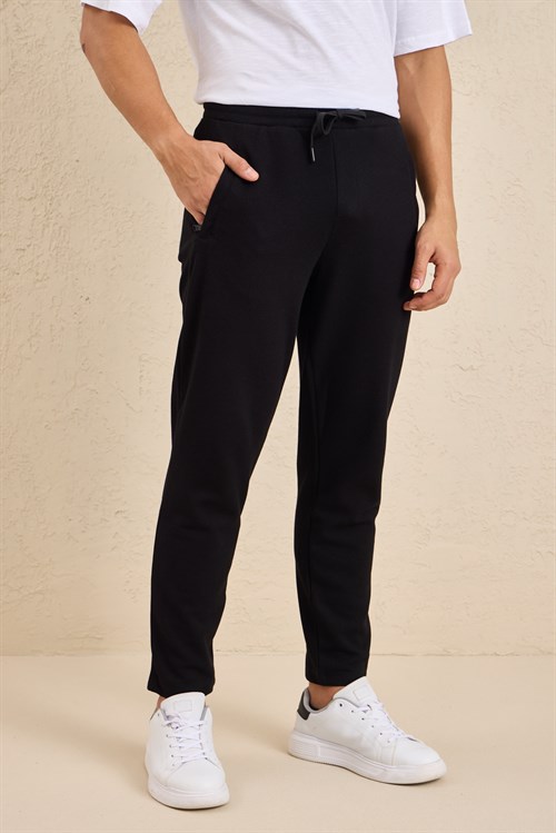Wholesale Mens Black Regular Fit Pique Fabric Sweatpants