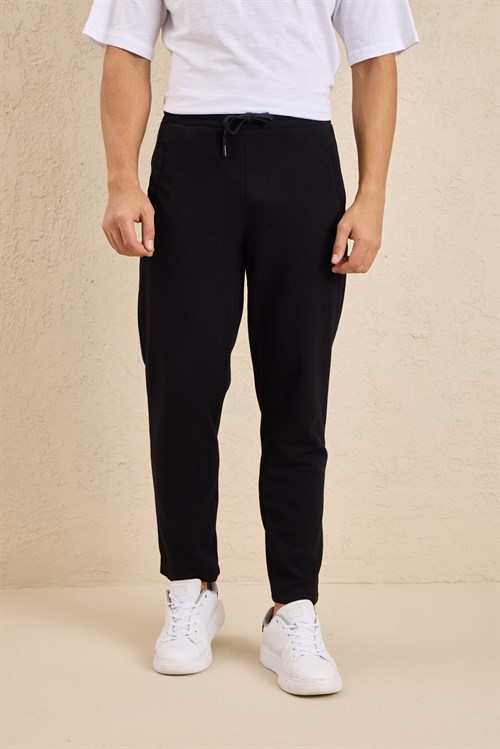 Wholesale Mens Black Regular Fit Pique Fabric Sweatpants