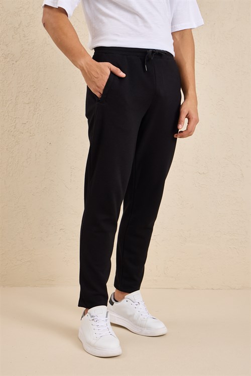 Wholesale Mens Black Regular Fit Pique Fabric Sweatpants