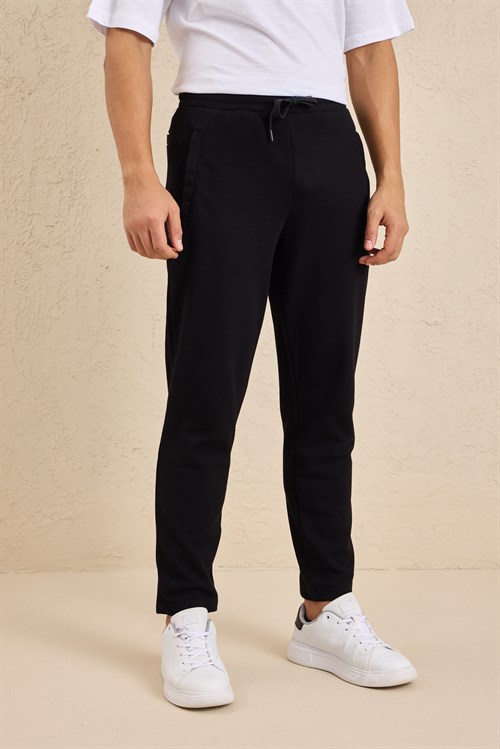 Wholesale Mens Black Regular Fit Pique Fabric Sweatpants