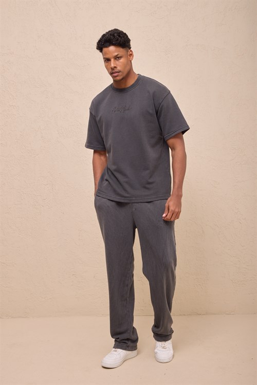 Wholesale Mens Black Relax Fit Acid Washed T-Shirt and Sweatpants Set