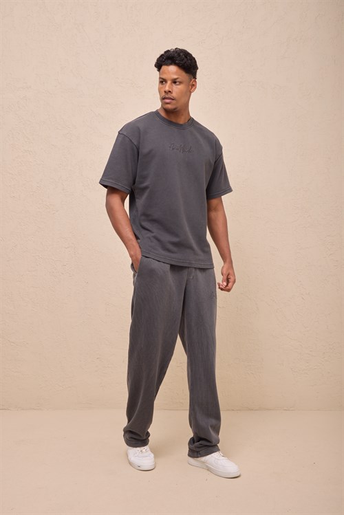 Wholesale Mens Black Relax Fit Acid Washed T-Shirt and Sweatpants Set
