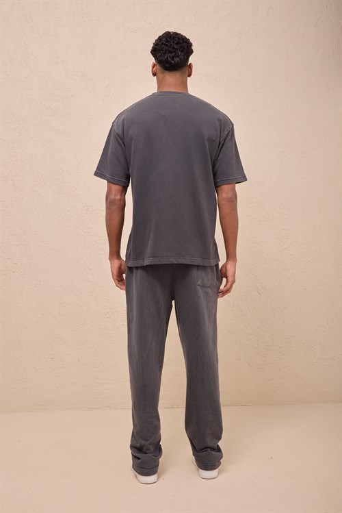 Wholesale Mens Black Relax Fit Acid Washed T-Shirt and Sweatpants Set