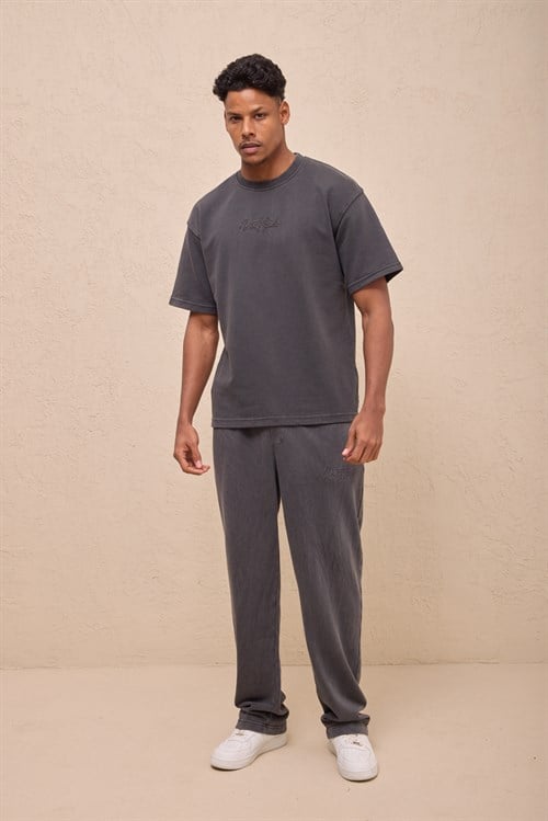 Wholesale Mens Black Relax Fit Acid Washed T-Shirt and Sweatpants Set