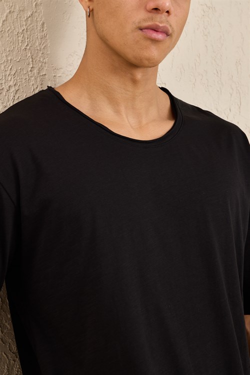 Wholesale Mens Black Relax Fit Basic T-Shirt with Raw-Edge Neckline