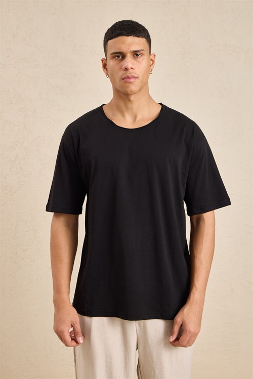 Wholesale Mens Black Relax Fit Basic T-Shirt with Raw-Edge Neckline