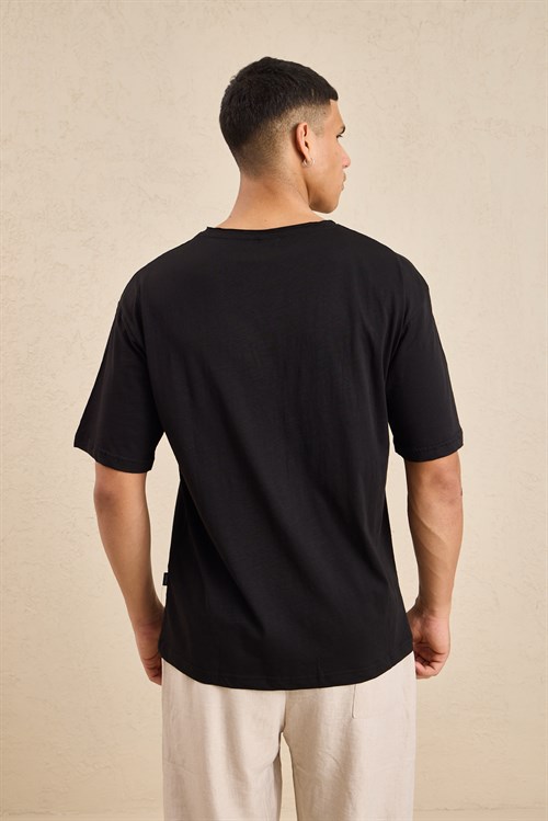Wholesale Mens Black Relax Fit Basic T-Shirt with Raw-Edge Neckline