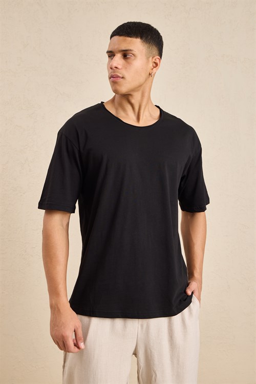 Wholesale Mens Black Relax Fit Basic T-Shirt with Raw-Edge Neckline