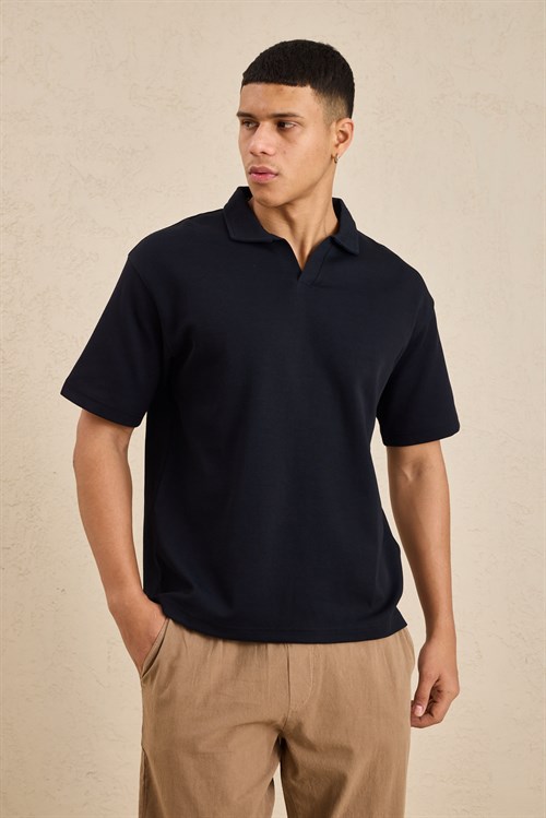Wholesale Mens Black Relax Fit Interlock Polo Shirt